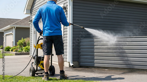 Man using a pressure washer to clean the exterior siding of a residential house, representing home maintenance and outdoor spring cleaning.