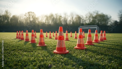 Ultra realistic football training cones arranged on professional grass pitch before morning practice with sunlight