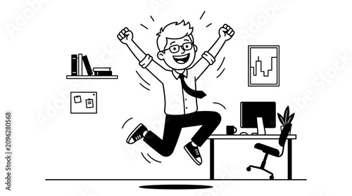 Canvas-taulu A man jumping up in the air with excitement at his office desk.