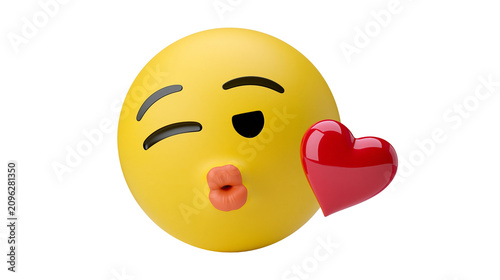 Yellow emoji blowing a kiss with a red heart, isolated on transparent background