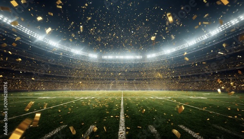 Golden confetti falls across an empty football stadium after a championship celebration with dramatic floodlights.