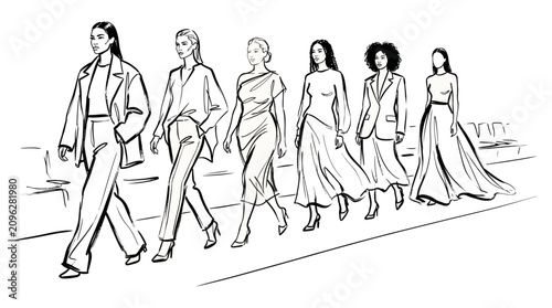 Fashion Runway Models Sketch Illustration Line Art Vector