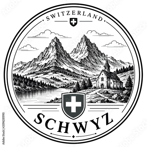 Swiss Alps landscape with church and lake, vintage illustration