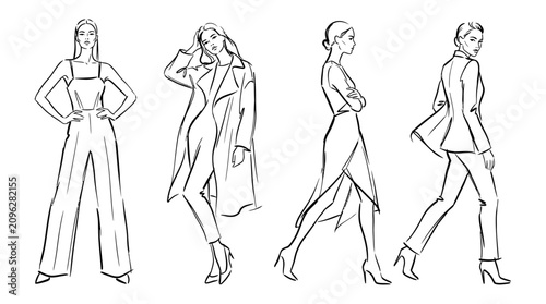 Fashion Illustration Set of Women in Modern Stylish Outfits
