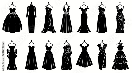 Fotografie Evening Dress Icons Set, Black Silhouette Fashion Vector