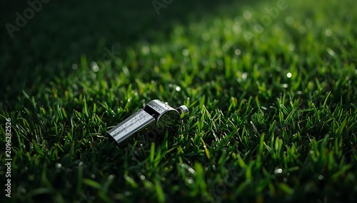 Ultra realistic metal referee whistle lying on freshly cut football grass with soft morning dew and dramatic natural light.