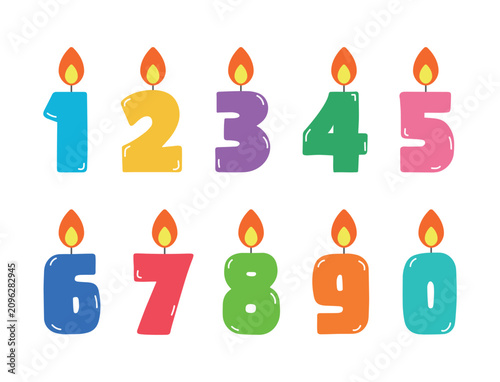 Set of ten colorful birthday number candles with burning flames isolated on a white background. Flat vector illustration of cute wax digits from 0 to 9 for anniversary party and cake design.