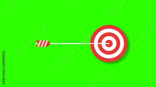 Flat vector animation of an arrow hitting the center bullseye of a red target on green screen