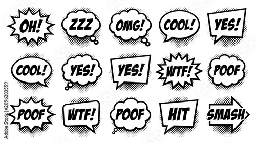 Comic Speech Bubbles Set with Halftone Effects Vector Illustration