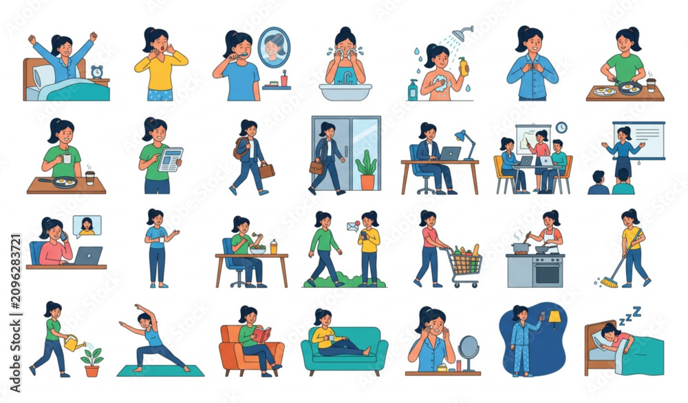 Fototapeta premium Daily Routine of a Woman Flat Vector Illustration Set Isolated on White Background