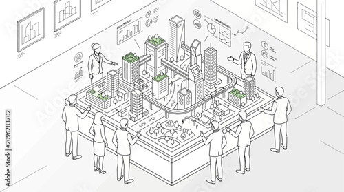 Smart City Planning Isometric Line Art Illustration