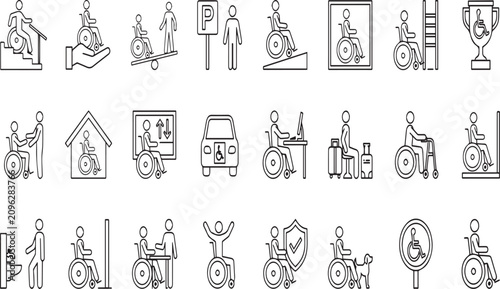 Collection of disability awareness icons featuring wheelchair accessibility symbols and activities for inclusive environments