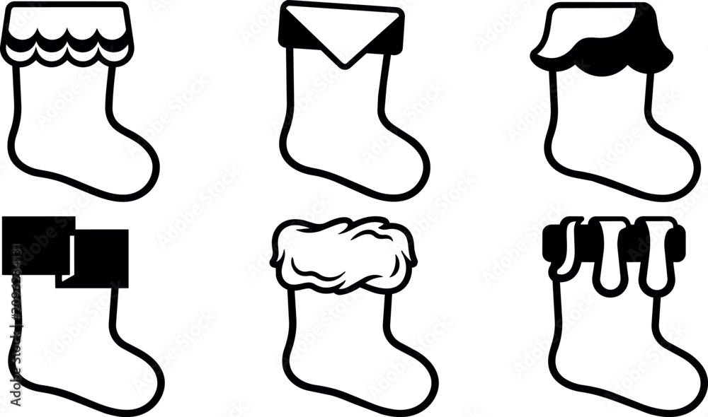 Fototapeta premium Black and white christmas stocking icons with varied cuff styles in flat design