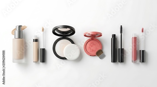 Set of various makeup products including foundation powder blush mascara and lip gloss on marble. simple makeup tutorial