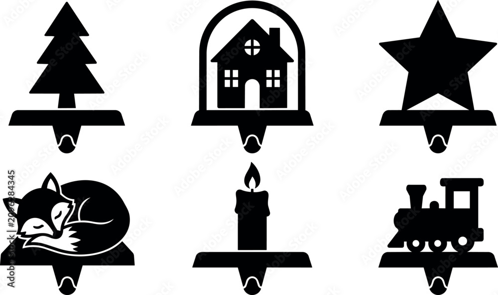 Fototapeta premium Black christmas stocking hooks with tree house star fox candle and train icons