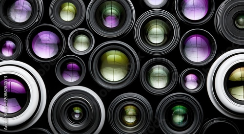 Close up view of various camera lenses arranged in a unique pattern with different colors and reflections on their surfaces