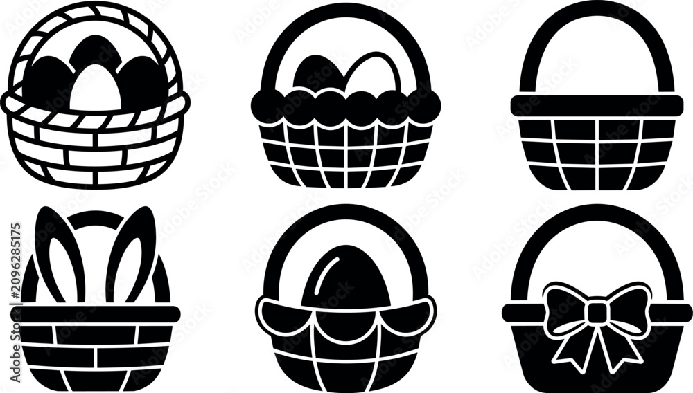 Fototapeta premium Six easter baskets with eggs bow and bunny ears