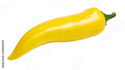 Bright yellow chili pepper with green stem, isolated on transparent background