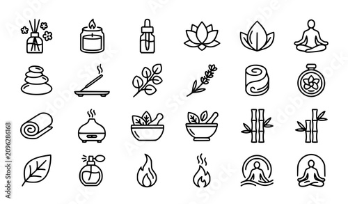 Aromatherapy and Wellness Line Art Icon Set Featuring Essential Oils Diffusers Lotus Flowers Yoga Meditation Mortar Pestle and Herbal Spa Treatment Elements
