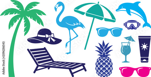 Summer vacation icons set featuring palm tree flamingo umbrella beach chair pineapple drink and sunglasses