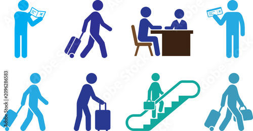 Business and holiday travel icons set showing people walking with luggage and checking in at airport desk