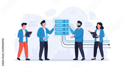 Team of professionals using VR for data analysis and server management, illustrating digital transformation and technology.