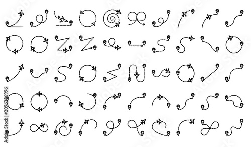 Konstfotografi Doodle Arrow Route Tracking Vector Icon Pack with Dotted Paths, Flight Trajector