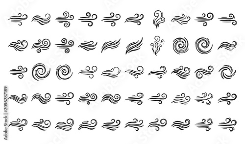Atmospheric Blow Motion Doodle Icon Set Featuring Air Currents, Weather Breeze Waves, Whirlwind Twists, and Curving Storm Wind Swirl Silhouette Vector Elements