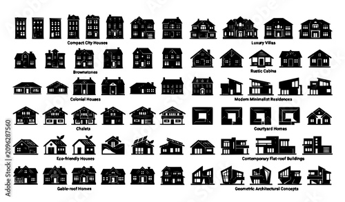 Architectural House Style Silhouette Icon Set with Modern Minimalist Residential Buildings, Rustic Cabins, Eco Houses, and Colonial Dwellings for Real Estate and Urban Architecture Projects