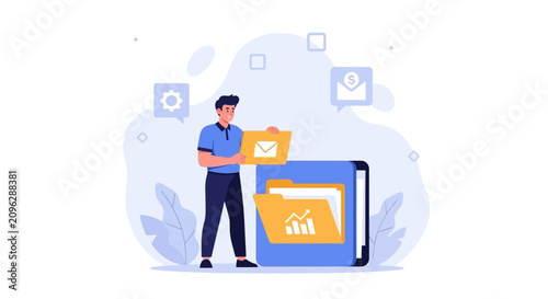 Vector Illustration of a Person Organizing Digital Files and Data, Representing Information Management, Analytics, and Cloud Storage