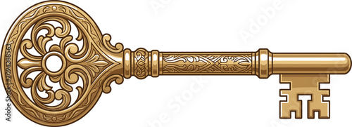 Vintage Ornate Golden Skeleton Key Vector Illustration with Filigree Details for Antique Luxury Security Concepts