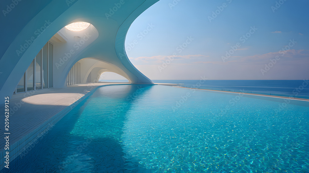 Fototapeta premium Stunning infinity pool with organic white architectural structure overlooking deep blue ocean.