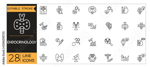 Endocrinology icons set. Includes icons for hormones, glands, metabolism, diabetes, thyroid, and healthcare. Editable stroke. Line icons. Perfect for apps and infographics.
