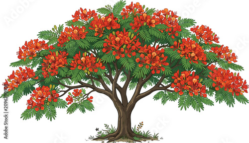Fotografía Blooming Royal Poinciana Delonix Regia Tree Vector Illustration with Red Flowers