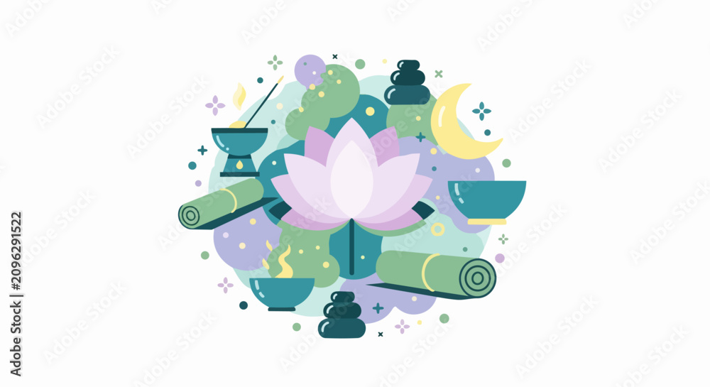 Fototapeta premium Zen Wellness and Meditation Concept Illustration with Lotus Flower, Yoga Mats, Singing Bowls, and Basalt Stones in Flat Design Style