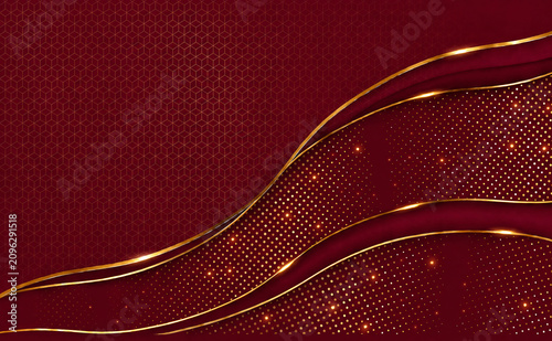 Elegant Red and Gold Metallic Abstract Background with Luxury Flowing Waves and Sparkling Lights