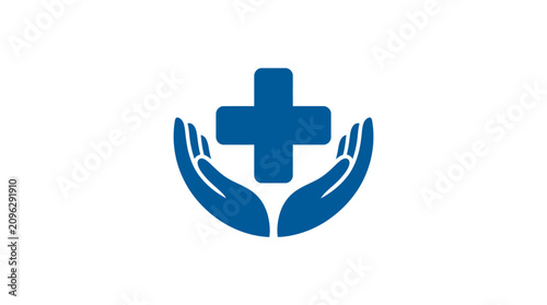 Hands cradling a blue medical cross symbol in a supportive gesture.