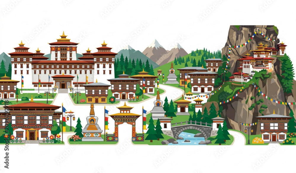 Fototapeta premium Bhutan Traditional Street Panorama with Famous Architecture and Tourist Attractions Vector Illustration