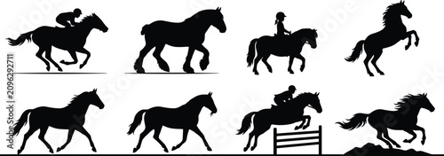 Canvastavla Collection of black horse silhouettes featuring running, jumping, rearing, racin