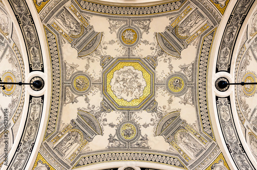 Ornate neo-renaissance ceiling painting and fresco details at the entrance loggia of the Hungarian State Opera House, UNESCO World Heritage Site.