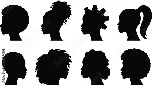 Foto Vector silhouette collection of African American female head profiles showcases diverse natural hair texture and beauty hairstyles like an afro, puff, or ponytail icon