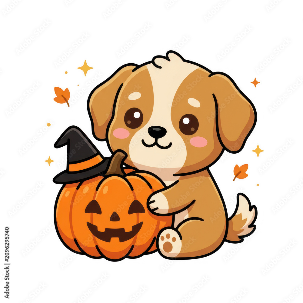 Fototapeta premium Adorable puppy wearing witch hat hugging halloween pumpkin