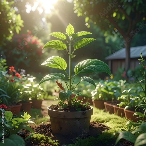 Healthy Plant Growing in Sunlit Garden.