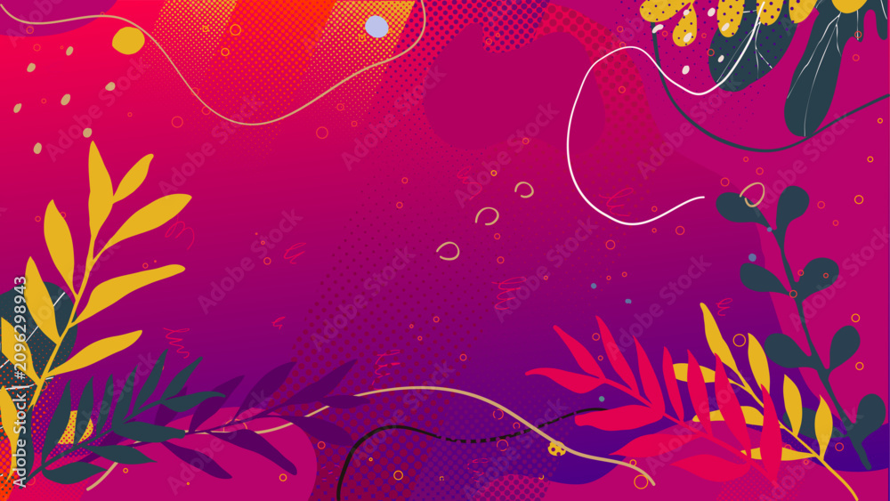 Naklejka premium Tropical leaves on pink and purple gradient background