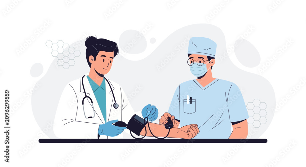 Fototapeta premium Doctor measuring patient's blood pressure, modern flat illustration style