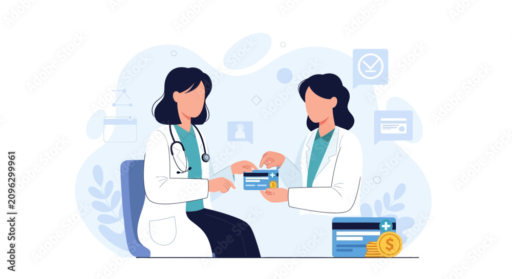 Fototapeta premium Doctor handing over health insurance card to patient, symbolizing healthcare finance and medical services