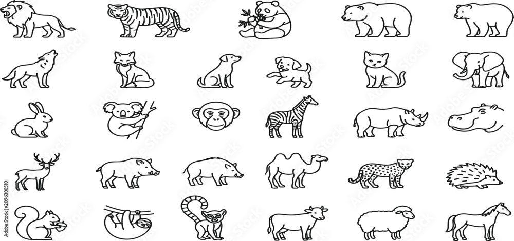 Fototapeta premium Minimalist Cute Animal Avatar Face Line Icon Set featuring Wild Wildlife Zoo Safari Domestic Pets and Marine Life Creative Vector Outline Graphics