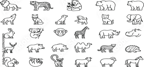 Canvas Print Minimalist Cute Animal Avatar Face Line Icon Set featuring Wild Wildlife Zoo Saf