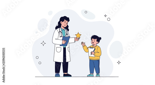 Doctor rewards child patient with a star for good behavior, symbolizing healthcare, trust, and positive reinforcement in pediatric medicine.
