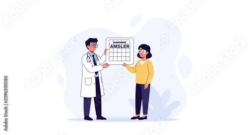 Doctor showing Amsler grid to patient for eye exam, vision check, macular degeneration screening